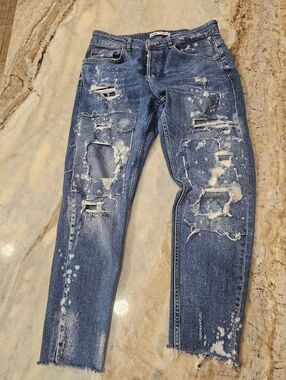 Zara Distressed Patchwork Skinny Jeans Women’s 32 Bleach Splatter Raw Hem